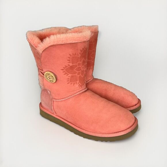 Womens UGG Boots Pink Coral Kimono Bailey Button Flower Rare Limited-Edition Sz6 - Picture 1 of 16